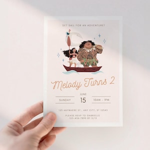 May include: A birthday party invitation with a cartoon illustration of characters in a boat. The invitation reads "Melody Turns 2" with event details. The text "Set sail for an adventure!" is at the top.