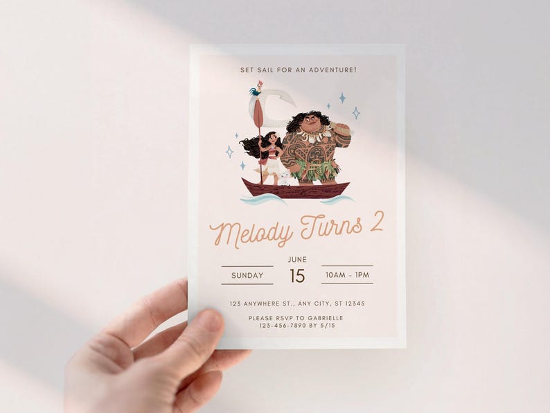 May include: A birthday party invitation with a cartoon illustration of characters in a boat. The invitation reads "Melody Turns 2" with event details. The text "Set sail for an adventure!" is at the top.