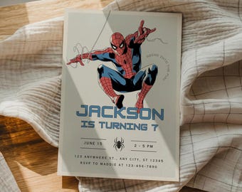 Invitación de cumpleaños de Spider-Man, invitación para fiesta de cumpleaños de superhéroes, plantilla editable de Canva (descarga digital)