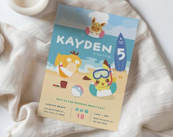 Invitación de cumpleaños con temática de Pokémon en la playa, invitación para fiesta de verano en la piscina, plantilla editable de Canva (descarga digital)