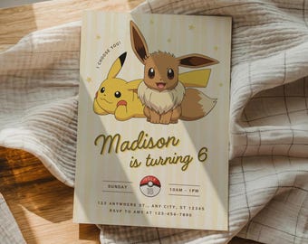 Invitación de cumpleaños de Pokémon, invitación de fiesta de Pikachu y Eevee, plantilla editable de Canva (descarga digital)