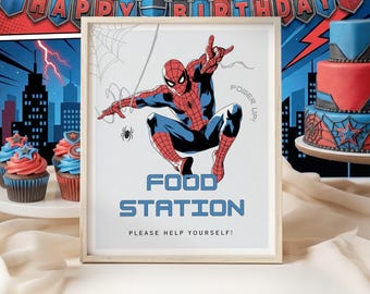 Spiderman verjaardagsfeestje tafelbord, label, cadeaubord, bewerkbare canvassjabloon (digitale download)