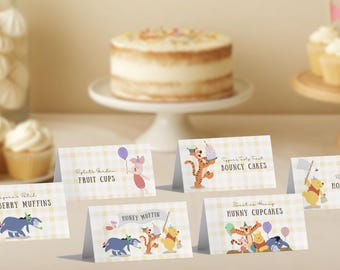 Etiqueta para comida de Winnie the Pooh para fiestas de cumpleaños, plantilla editable de Canva (descarga digital)