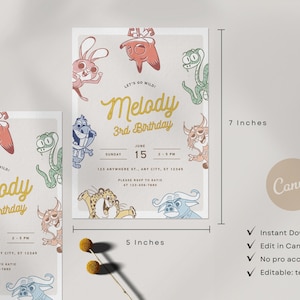 May include: A birthday invitation with a light beige background, featuring cartoon animals and the text "Melody 3rd Birthday". The invitation measures 5 x 7 inches. The design includes the date, time, and location.