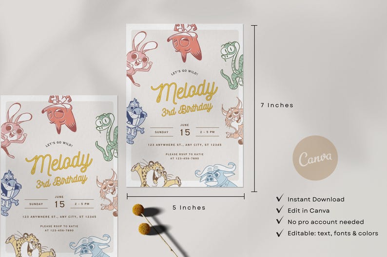 May include: A birthday invitation with a light beige background, featuring cartoon animals and the text "Melody 3rd Birthday". The invitation measures 5 x 7 inches. The design includes the date, time, and location.