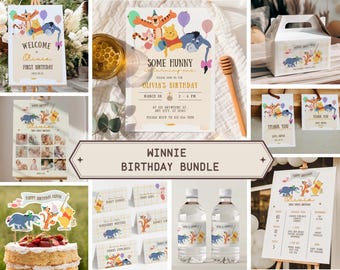 Paquete de invitaciones de cumpleaños de Winnie the Pooh, decoración para la primera fiesta de cumpleaños, plantilla editable de Canva (descarga digital)