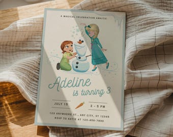 Invitación de cumpleaños de Frozen, invitaciones de Elsa, Anna y Olaf, plantilla editable de Canva (descarga digital)
