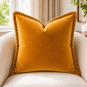 Può includere: Un cuscino quadrato in velluto giallo senape con un bordo decorativo in corda. Il cuscino è posto su una poltrona crema strutturata. Lo sfondo comprende una finestra, tende e un vaso con vegetazione.