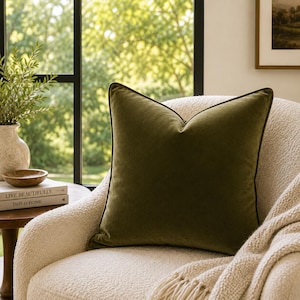 May include: An olive green velvet square cushion with a dark green trim rests on a cream armchair. A beige throw with fringe is draped over the chair. A small wooden side table holds books and a vase with greenery.