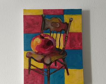 Small Acrylic Apple Painting on Canvas, Kitchen Chair Art Accessory