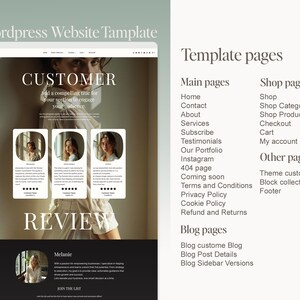 K&ouml;nnte beinhalten: Ein Website-Template-Design mit dem Text "Wordpress Website Template". Das Design umfasst einen Kundenbewertungsbereich, eine Liste von Template-Seiten und Blog-Seitenoptionen. Das Farbschema ist neutral, mit Fokus auf gute Lesbarkeit.