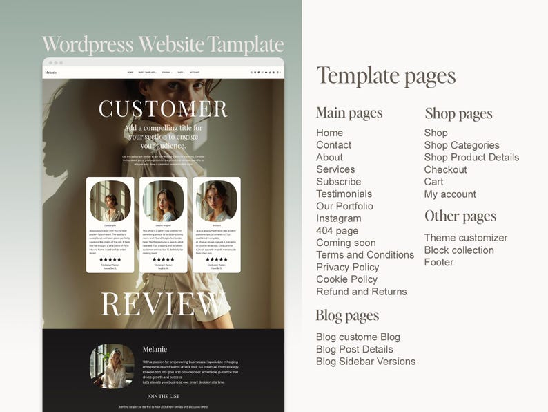 K&ouml;nnte beinhalten: Ein Website-Template-Design mit dem Text "Wordpress Website Template". Das Design umfasst einen Kundenbewertungsbereich, eine Liste von Template-Seiten und Blog-Seitenoptionen. Das Farbschema ist neutral, mit Fokus auf gute Lesbarkeit.