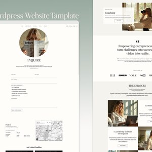 K&ouml;nnte beinhalten: Ein Website-Template-Design mit sauberer, minimalistischer &Auml;sthetik. Das Design verf&uuml;gt &uuml;ber eine helle Farbpalette mit Abschnitten f&uuml;r Coaching, Dienstleistungen und Unternehmertum. Der Text "Wordpress Website Template" steht oben.