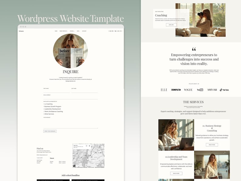 K&ouml;nnte beinhalten: Ein Website-Template-Design mit sauberer, minimalistischer &Auml;sthetik. Das Design verf&uuml;gt &uuml;ber eine helle Farbpalette mit Abschnitten f&uuml;r Coaching, Dienstleistungen und Unternehmertum. Der Text "Wordpress Website Template" steht oben.