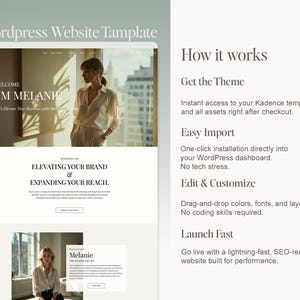 K&ouml;nnte beinhalten: Ein Website-Template-Design mit dem Text "Wordpress Website Tamplate". Das Design beinhaltet einen Website-Mockup mit dem Text "I'M MELANIE" und "ELEVATING YOUR BRAND & EXPANDING YOUR REACH". Das Design enth&auml;lt auch den Text "How it works".