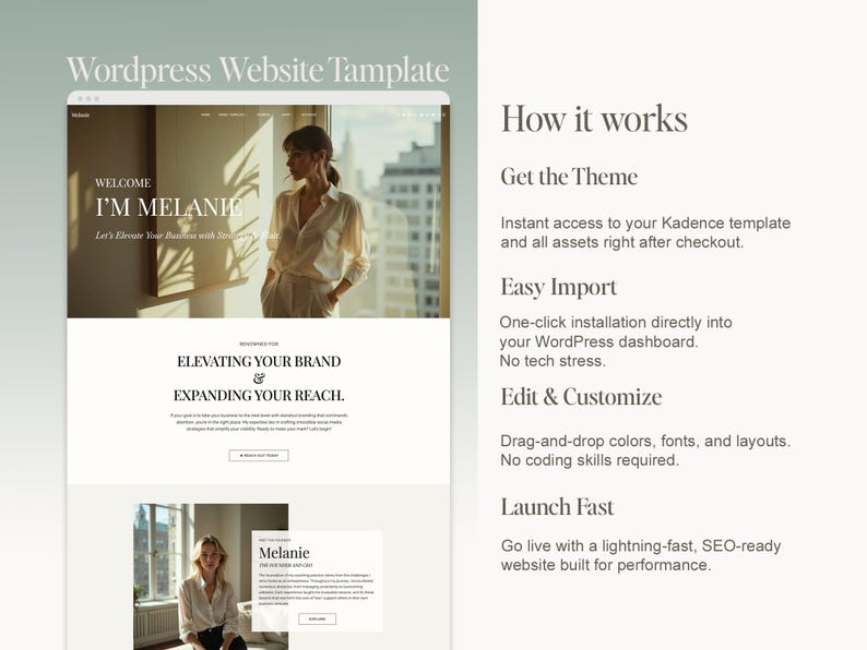 K&ouml;nnte beinhalten: Ein Website-Template-Design mit dem Text "Wordpress Website Tamplate". Das Design beinhaltet einen Website-Mockup mit dem Text "I'M MELANIE" und "ELEVATING YOUR BRAND & EXPANDING YOUR REACH". Das Design enth&auml;lt auch den Text "How it works".