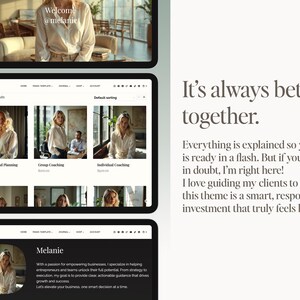 K&ouml;nnte beinhalten: Ein Website-Design, das auf drei digitalen Tablets angezeigt wird. Das obere Tablet zeigt eine Frau in einem wei&szlig;en Hemd mit dem Text "Welcome @melanie". Das mittlere Tablet zeigt Website-Optionen. Das untere Tablet zeigt ein schwarzes Website-Design mit dem Namen "Melanie".