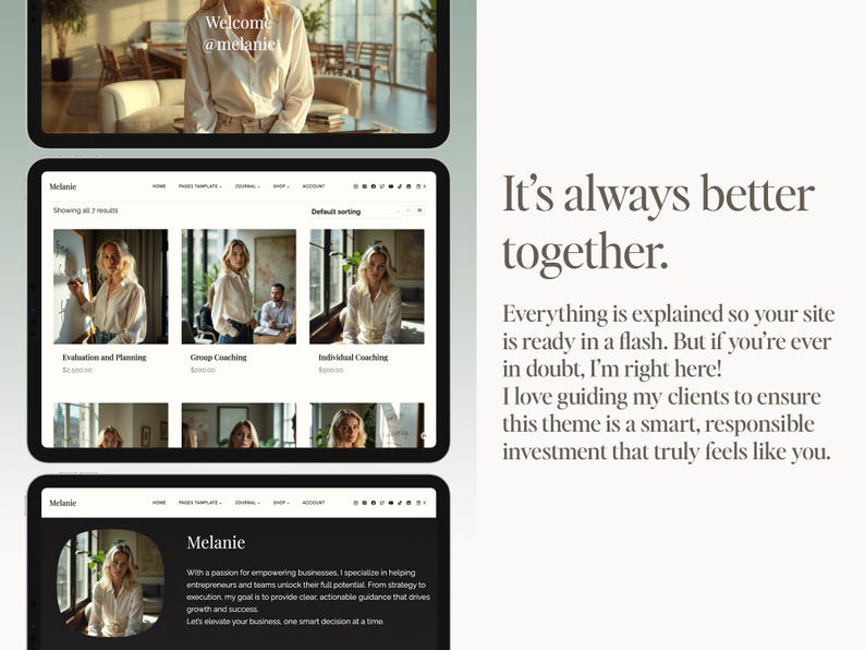 K&ouml;nnte beinhalten: Ein Website-Design, das auf drei digitalen Tablets angezeigt wird. Das obere Tablet zeigt eine Frau in einem wei&szlig;en Hemd mit dem Text "Welcome @melanie". Das mittlere Tablet zeigt Website-Optionen. Das untere Tablet zeigt ein schwarzes Website-Design mit dem Namen "Melanie".