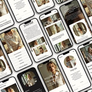 K&ouml;nnte beinhalten: Mehrere Smartphones zeigen eine Website-Oberfl&auml;che mit minimalistischem Design. Die Website zeigt eine Frau in einer hellen Bluse mit dem Text "Welcome, I'm Melanie" und "Performance Coaching".