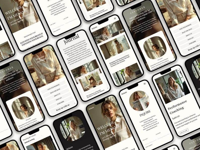 K&ouml;nnte beinhalten: Mehrere Smartphones zeigen eine Website-Oberfl&auml;che mit minimalistischem Design. Die Website zeigt eine Frau in einer hellen Bluse mit dem Text "Welcome, I'm Melanie" und "Performance Coaching".