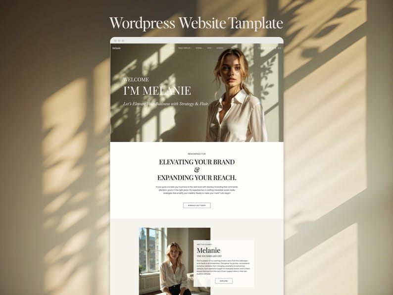 K&ouml;nnte beinhalten: Eine Website-Vorlage, die auf einem Computerbildschirm angezeigt wird, mit einer Frau in einem wei&szlig;en Hemd. Der Text lautet "WordPress Website Template" und "I'm Melanie". Das Design umfasst Abschnitte f&uuml;r Branding und Reichweitensteigerung.