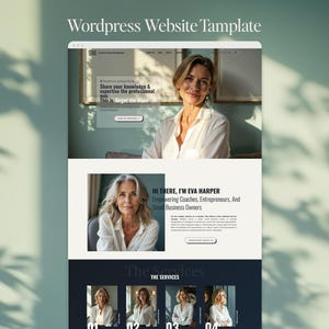 May include: A website template design with the text "Wordpress Website Tamplate" at the top. The design features a woman in a white shirt, and the text "Share your knowledge & expertise the professional way." The design also includes the text "HI THERE, I'M EVA HARPER".