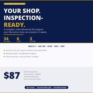 Puede incluir: Un gráfico azul marino con texto blanco que dice "YOUR SHOP. INSPECTION-READY". La imagen promociona un programa de control de calidad con referencia de código para talleres de fabricación. Incluye 34 formularios, 6 zonas y 3 volúmenes.