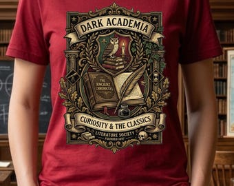 Dark Academia Crest T-Shirt | Curiosity & The Classics, Bookish Vintage Emblem