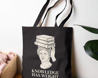 Knowledge Has Weight tote bag | Classical statue with stacked books