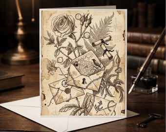 Vintage Botanical Love Letters Greeting Card, Dark Academia Cottagecore Illustration (5x7)