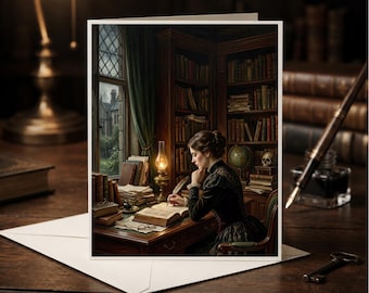 Dark Academia Greeting Card, Victorian Woman Writing, Literary Art (5x7)