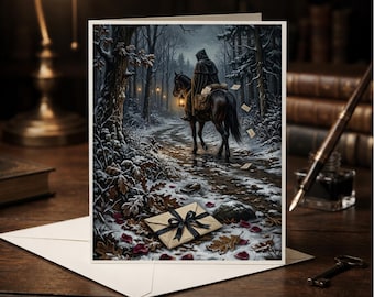 Dark Academia Greeting Card, Gothic Winter Horseman Art, Fantasy Forest (5x7)
