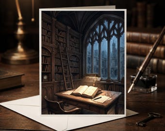 Bookish Dark Academia Greeting Card, The Last Light in the Library,  Blank Inside,  A7 5x7