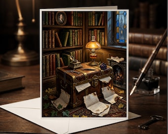 Dark Academia Greeting Card, Candlelit Library, Vintage Trunk, Burning Letters (5x7)