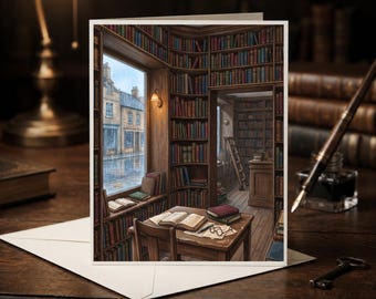 Bookish Dark Academia Greeting Card, The Bookshop in the Rain, A7 5x7 Blank Inside