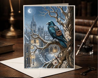 Gothic Raven Greeting Card, Moonlit Winter City Scene, Dark Academia Art (5x7 Inches)