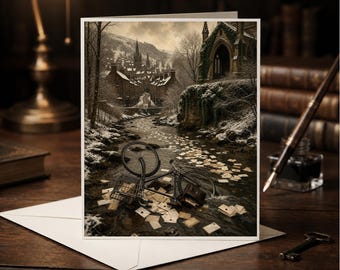 Dark Academia Winter Village Greeting Card, Snowy Creek Bicycle Art (5x7in)