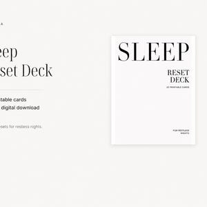 May include: A Sleep Reset Deck featuring 20 printable cards. The text reads Resora, Sleep Reset Deck, 20 printable cards, Instant digital download, Simple resets for restless nights, SLEEP, RESET DECK, 20 PRINTABLE CARDS, and FOR RESTLESS NIGHTS.