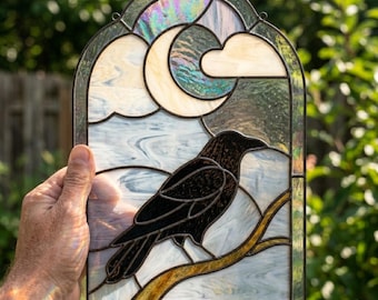 Rabe mit Mond Glasmalerei PDF | Druckbare Sun Catcher Vorlage | Digitaler Download