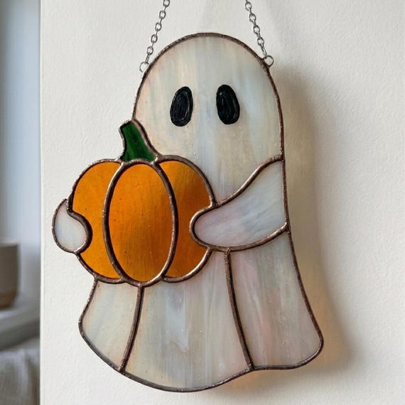 Ghost Holding a Pumpkin Stained Glass Pattern PDF | Printable Sun Catcher Template | Digital Download