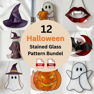 May include: A digital collection of 12 Halloween stained glass patterns featuring a witch hat, ghost with pumpkin, vampire lips, witch with broom, bat on moon, ghost with hat, jack-o'-lantern, and ghost. Includes PDF and PNG file formats.