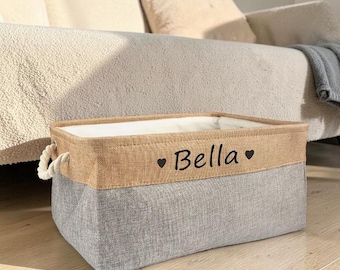 Cestino portagiochi personalizzato per cani – Contenitore portaoggetti personalizzato per animali domestici – Organizzatore di giocattoli per cani in lino – Cestino per cuccioli con manico in corda – Decorazione neutra per la stanza del cane