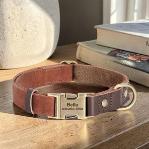 Personalised Dog Collar with Engraved Name Plate – Luxury PU Leather Collar – Quick Release Buckle – Small to Large Dogs