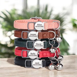 Personalised Leather Cat Collar | Custom Engraved Kitten Collar with Bell | Luxury Cat Gift | Safety Breakaway Buckle