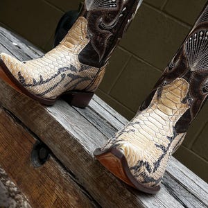 May include: A pair of cowboy boots with a snakeskin pattern on the foot and a decorative stitched design on the shaft. The boots have a pointed toe and a brown heel. The color palette includes beige, brown, and black.
