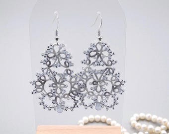 Handcrafted Soft Variegated Silver and White Tatted Lace Earrings