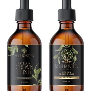 May include: Two amber glass bottles with black droppers. Each bottle has a black label with gold text that reads "SOULROOTED BOTANICALS GOLDEN CROWN ELIXIR LIGHT-WEIGHT FORMULA NET WT. 113g." One label has a leaf design, the other has a tree design.