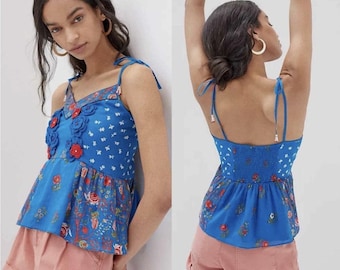 Anthropologie Nikasha Floral Crochet Babydoll Tank Embroidered Tie Strap Size S NWT