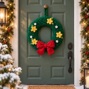 Christmas Wreath Crochet Pattern PDF, Floral Holiday Door Decor with Red Bow, Festive Wall Hanging, English US Terms Digital Download