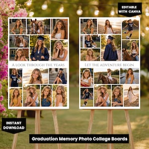 May include: Two graduation memory photo collage boards on wooden easels. Each board features multiple photos of a person, with text that reads "A Look Through The Years" and "Let The Adventure Begin". The boards are labeled "Graduation Memory Photo Collage Boards".